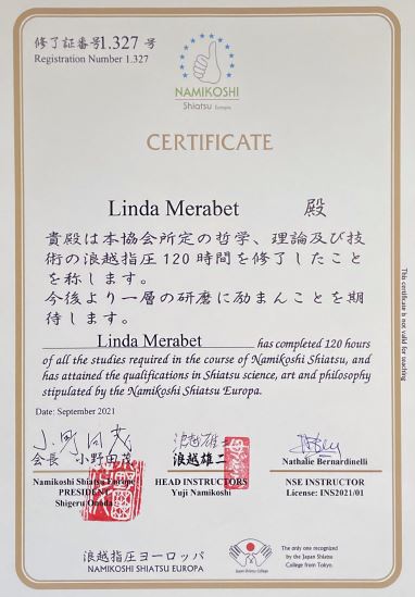 Diplôme Certificat de Shiatsu Namikoshi remis par le Japan Shiatsu College de Tokyo à Linda